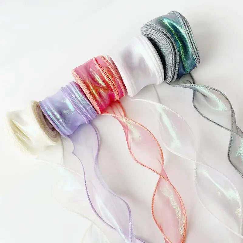 10 Yards Iridescent Fishtail Yarn Ribbons Flowers Bouquet Packaging Organza Wired Ribbon Christmas Wedding Decor Gift Wrapping