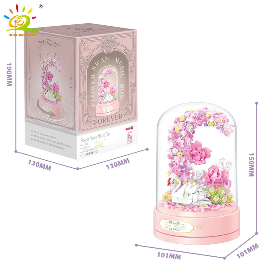 HUIQIBAO Friends Romantic Flower Swan Rotation Music Box Mirco Building Blocks MOC Mini Bricks Toy for Girl Valentine’s Day Gift