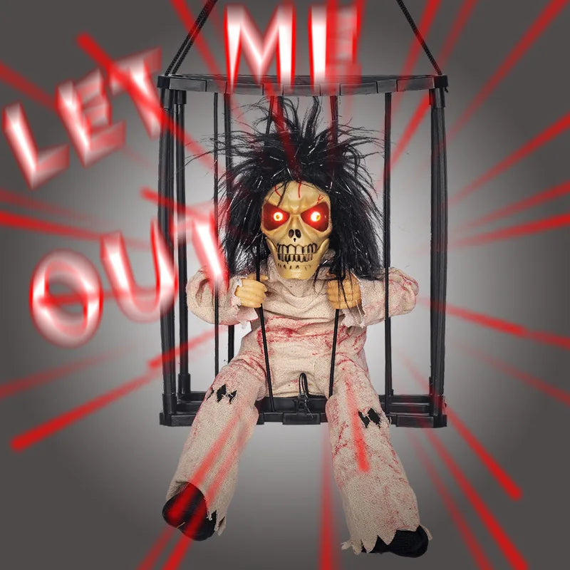 Halloween Scary Skeleton Prisoner Talking Let Me Out With Light Animatronic Prank Speaking Props Hangable Ghost Halloween Decor