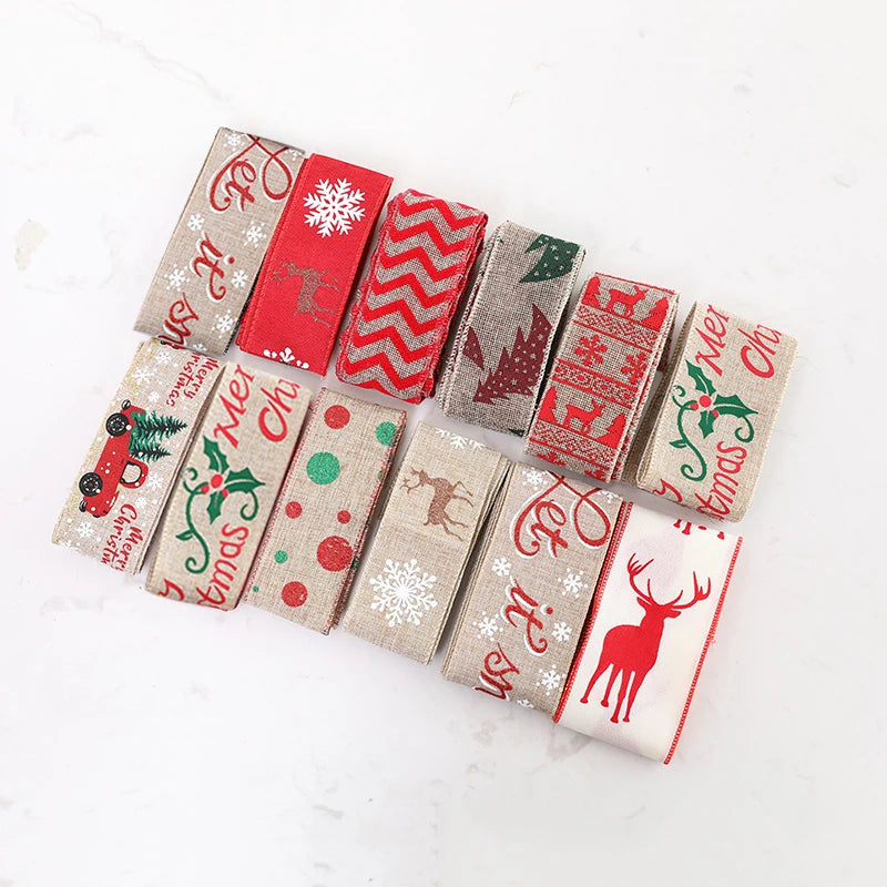 New Christmas Linen Ribbons Snowflake Xmas Tree Printed Wire Edge Ribbon New Year Gift Wrapping Christmas Crafts Decorations