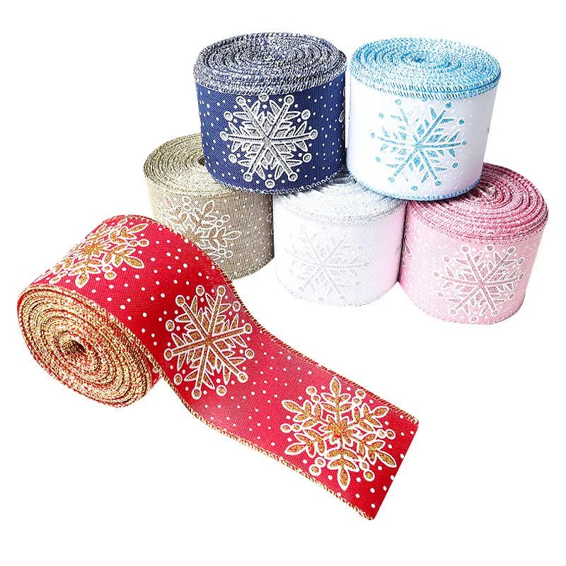 10 Yards Christmas Snowman Snowflake Ribbon Printed Fabric Print Wired Edge DIY XMAS Gift Wrapping Wreath Bow Craft 2024