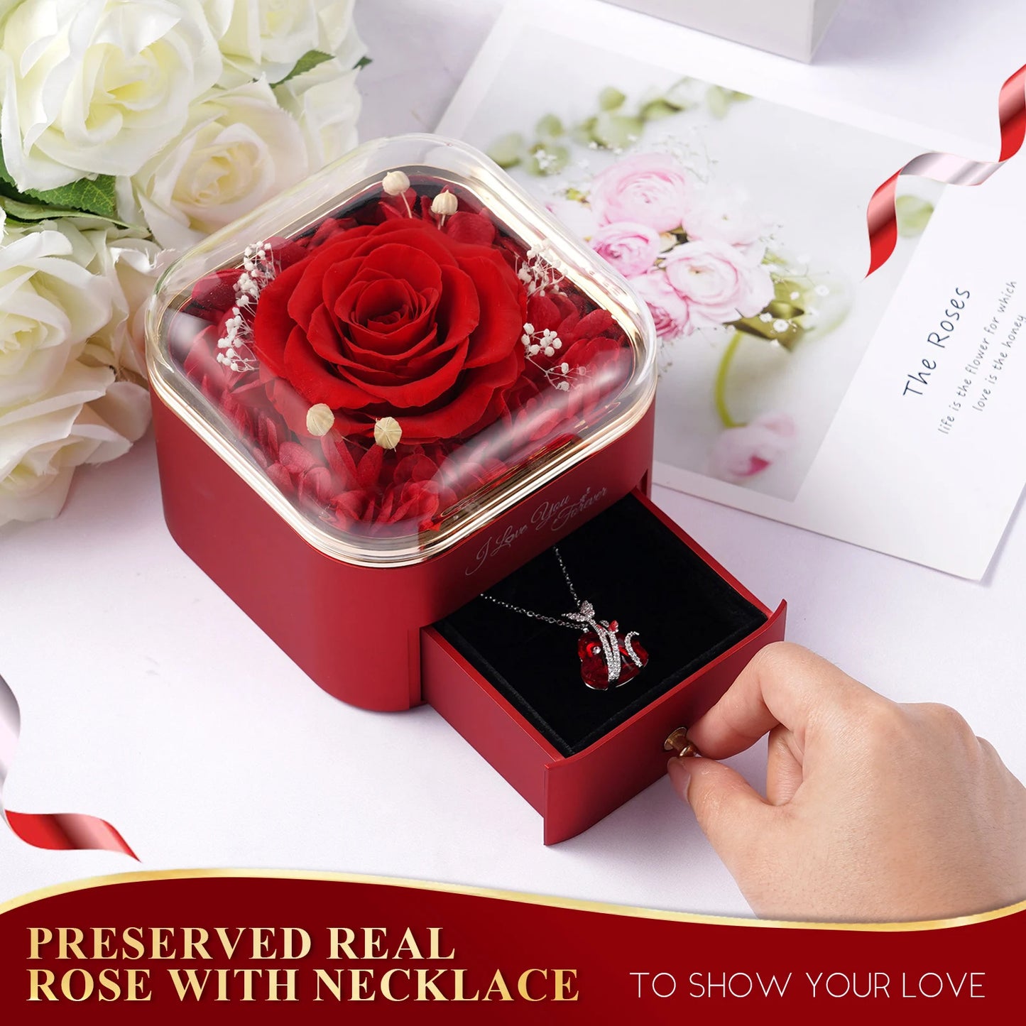 Valentine's Day Gift Preserved Real Rose with Necklace Jewelry Box Forever Love Eternal Flower For Girl Mother Anniversary Gifts