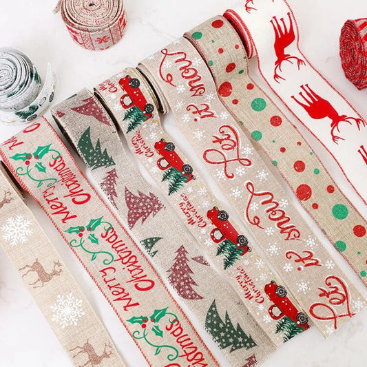 New Christmas Linen Ribbons Snowflake Xmas Tree Printed Wire Edge Ribbon New Year Gift Wrapping Christmas Crafts Decorations