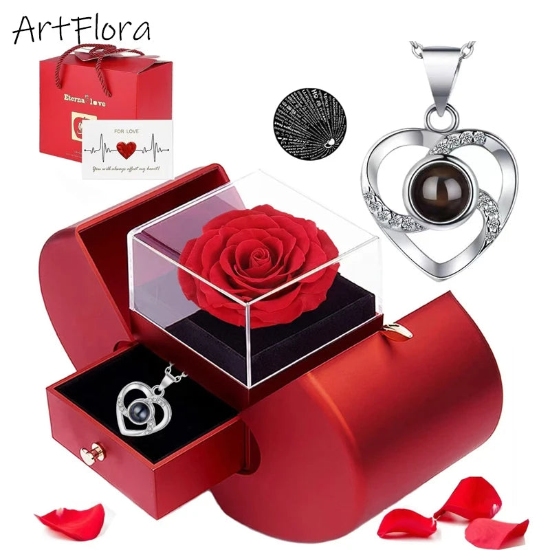 Heart-Shaped Necklace Red Rose Necklace Ring Jewellery Box Gift for Valentine's Day, Birthday Gift for Women, Mom, Wife