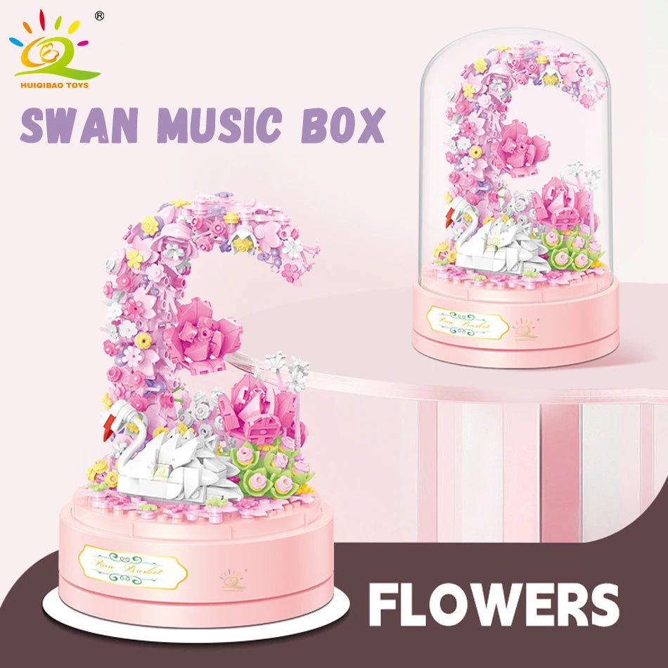 HUIQIBAO Friends Romantic Flower Swan Rotation Music Box Mirco Building Blocks MOC Mini Bricks Toy for Girl Valentine’s Day Gift