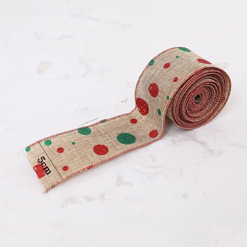 New Christmas Linen Ribbons Snowflake Xmas Tree Printed Wire Edge Ribbon New Year Gift Wrapping Christmas Crafts Decorations