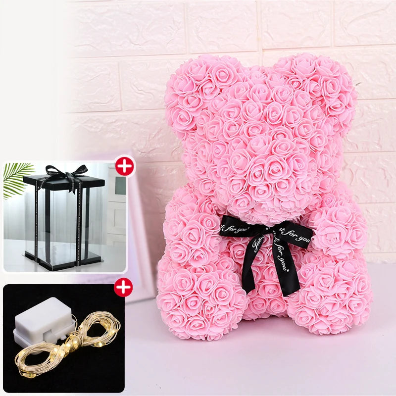 23cm Rose Bear Artificial Flowers With LED Light Gift Box Girlfriend Anniversary Valentine Gift Birthday Present To be Assembled