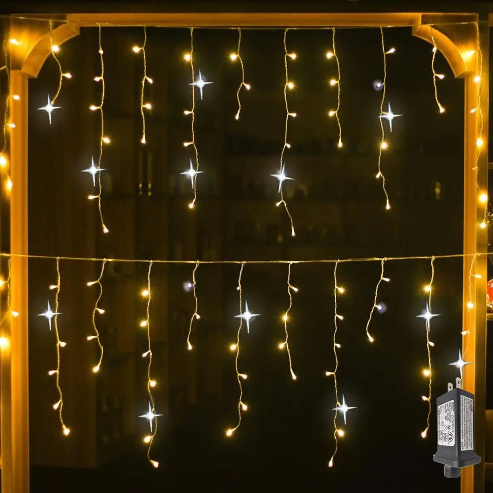 Christmas Festoon Led Icicle Curtain Lights Outdoor 4M(W)*0.6M(H) White Flash Fairy String Light Clear Wire New Year Decorations