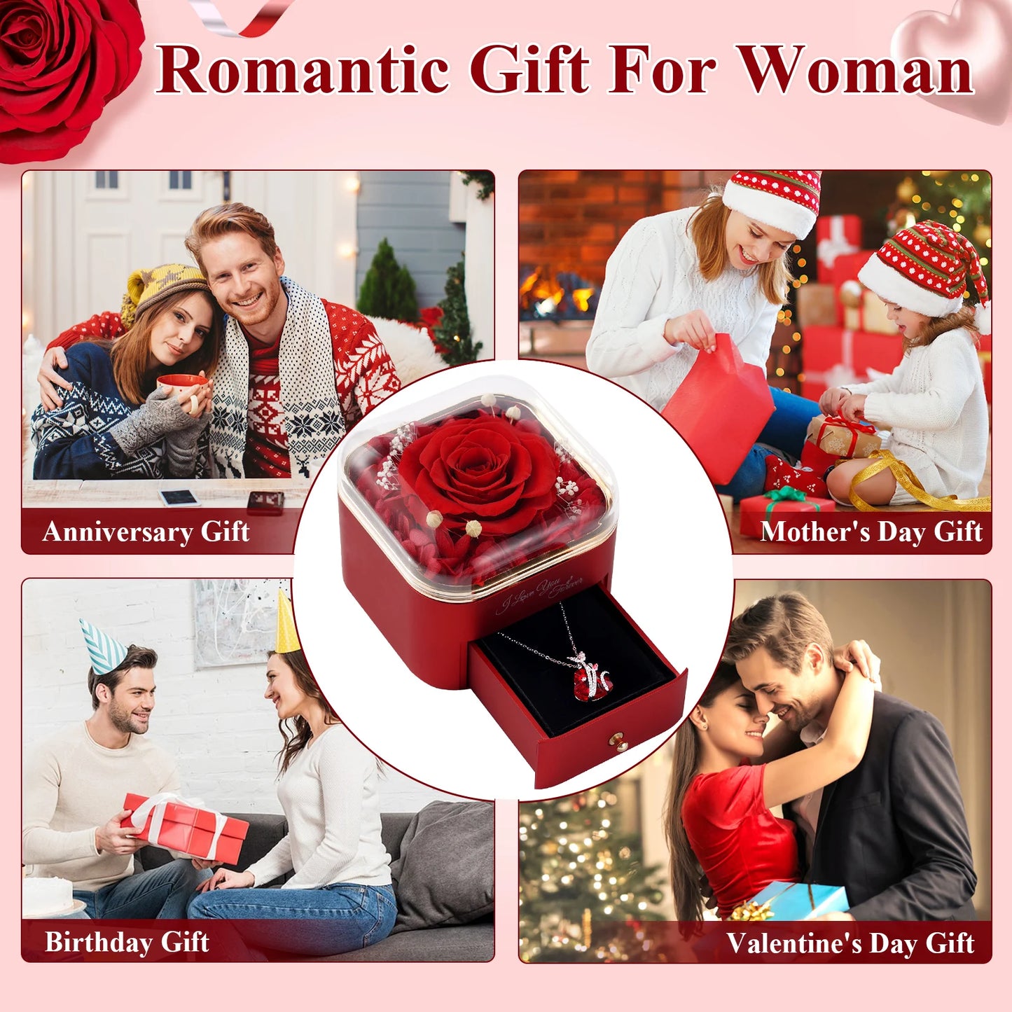 Valentine's Day Gift Preserved Real Rose with Necklace Jewelry Box Forever Love Eternal Flower For Girl Mother Anniversary Gifts