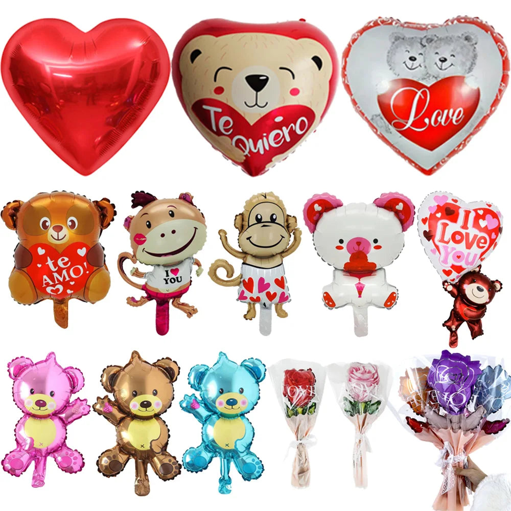 10/20/30/40/50pcs Valentines Day Balloon Romantic Red Heart Bear Monkey Rose Flower Mylar Balloon Special Night Party Decoration