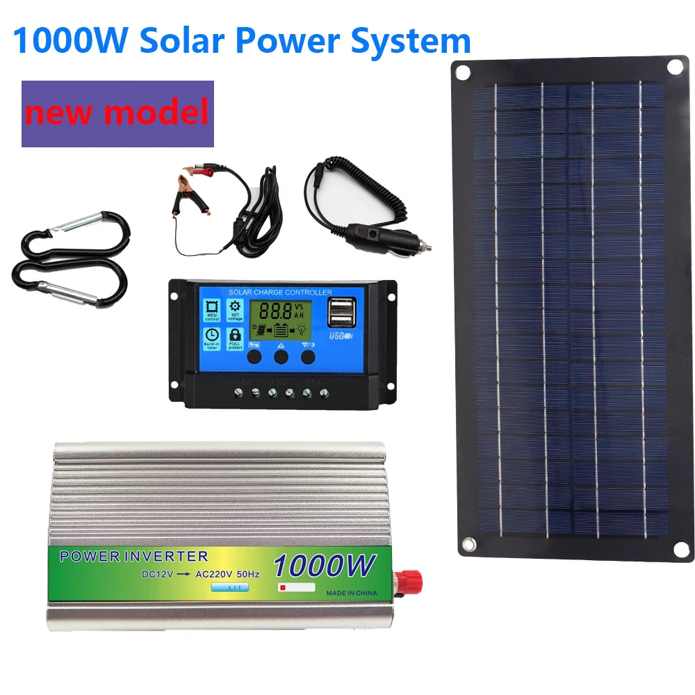 1000W Solar Power System Solar Panel Kit 12V to 220V Power Station 10A-60A Controller for Home Car Camping Backup Charger