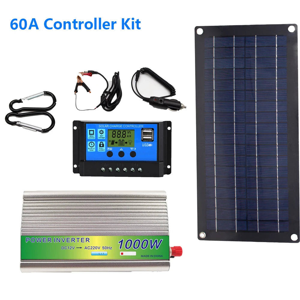 1000W Solar Power System Solar Panel Kit 12V to 220V Power Station 10A-60A Controller for Home Car Camping Backup Charger