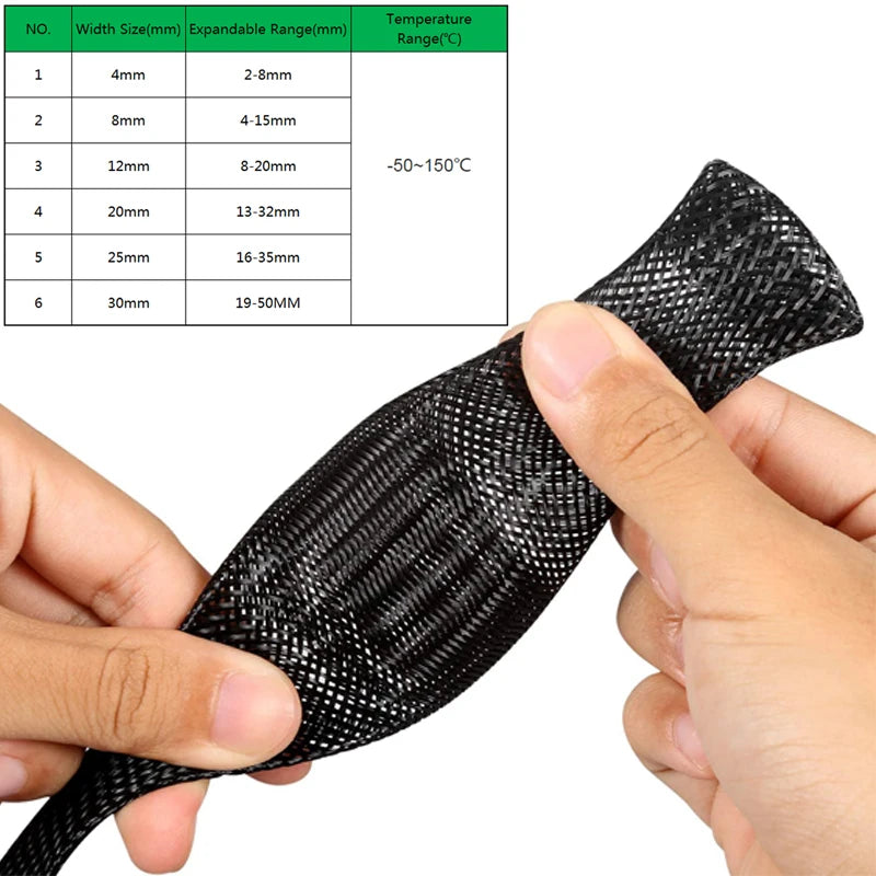 10M Black Insulated Braid Sleeving 4 - 30mm Tight PET Wire Cable Gland Protection Cable Sleeve Flame-Retardant Nylon Tube