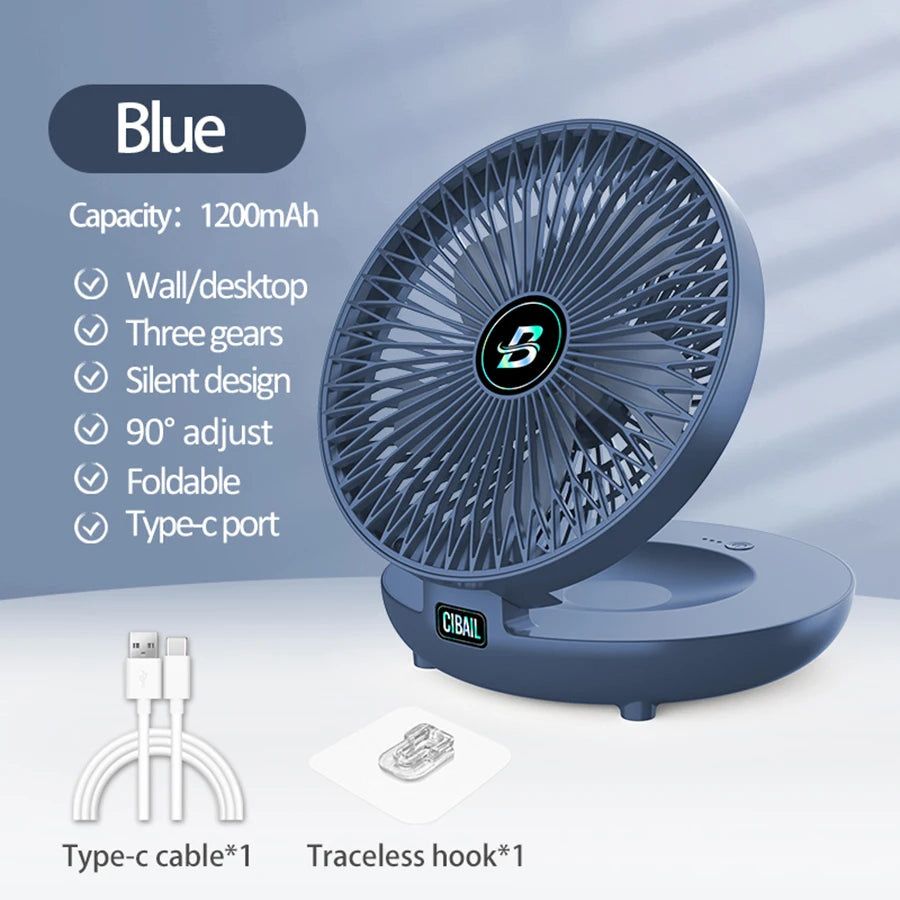 2024 New 90° Foldable Fan Rechargeable Wall Mounted Fan Table Fan Portable Air Conditioner With Trackless Hookfor Office Home