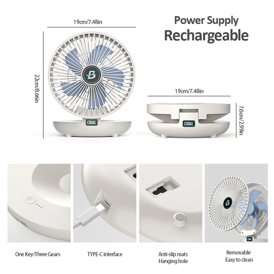 2024 New 90° Foldable Fan Rechargeable Wall Mounted Fan Table Fan Portable Air Conditioner With Trackless Hookfor Office Home