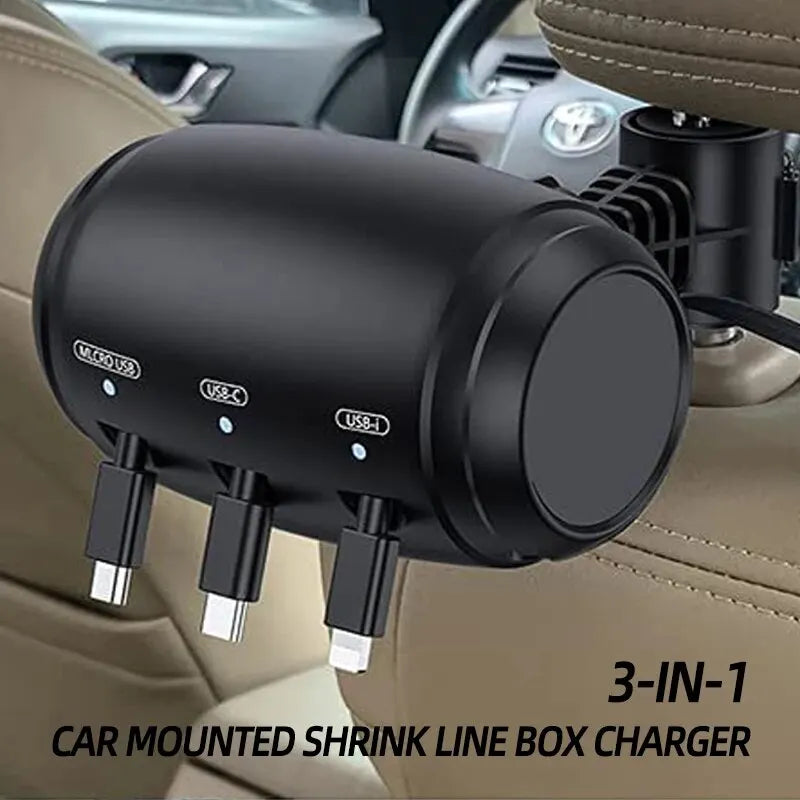 3 in 1 Car Shrinkage Cable Box Charging Cable Box Multi Port Highly Compatible Auto Retract 1PC