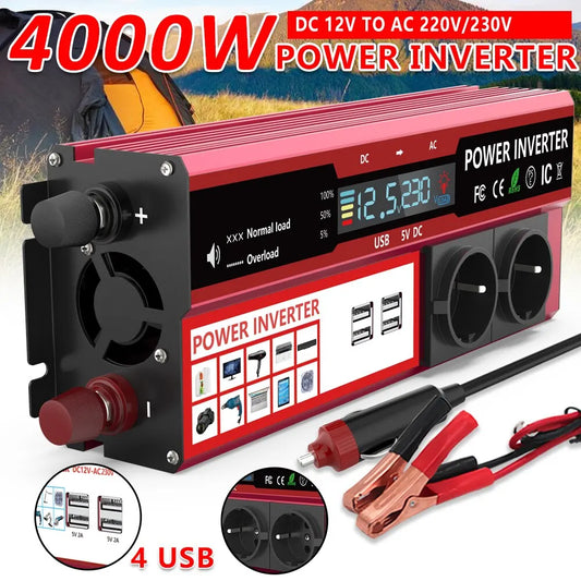 4000W 3000W Power Inverter DC 12V To AC 220V 230V Transformer with 4 USB EU Socket Charge with LED Display for RV Phone Car