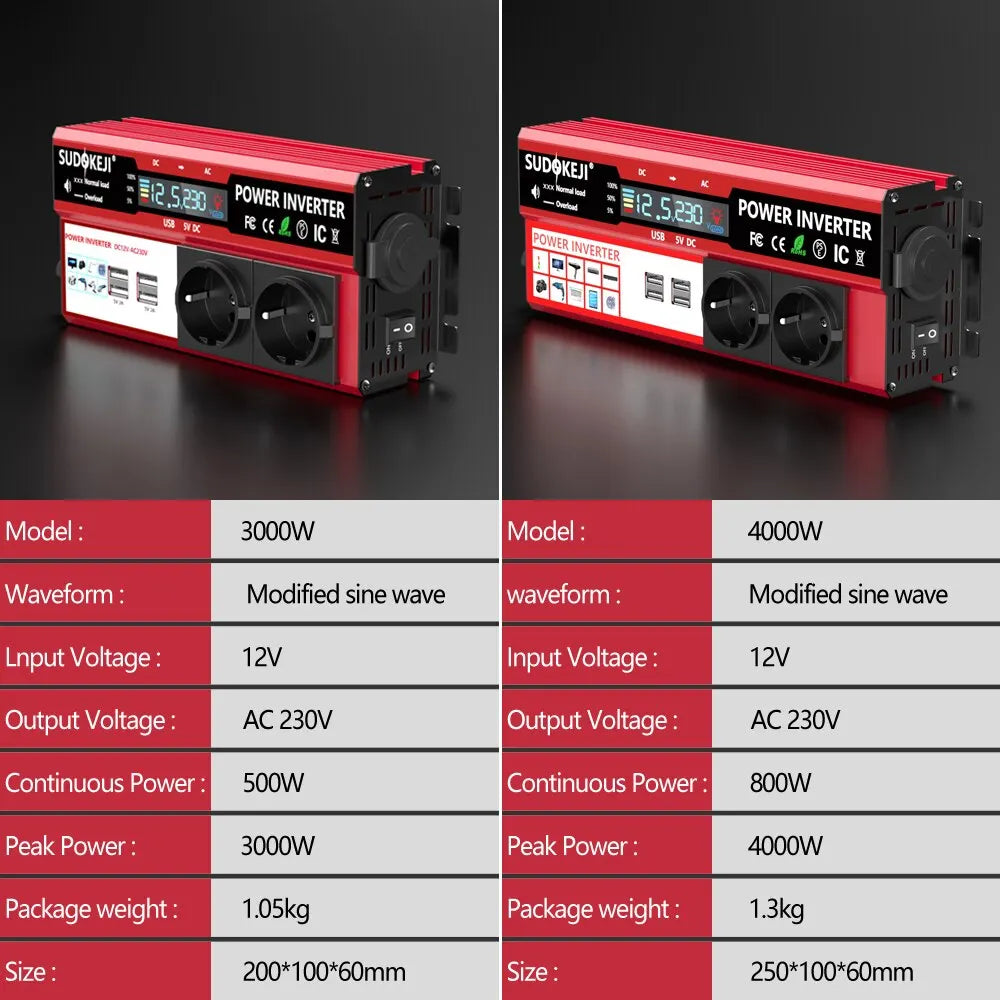 4000W 3000W Power Inverter DC 12V To AC 220V 230V Transformer with 4 USB EU Socket Charge with LED Display for RV Phone Car