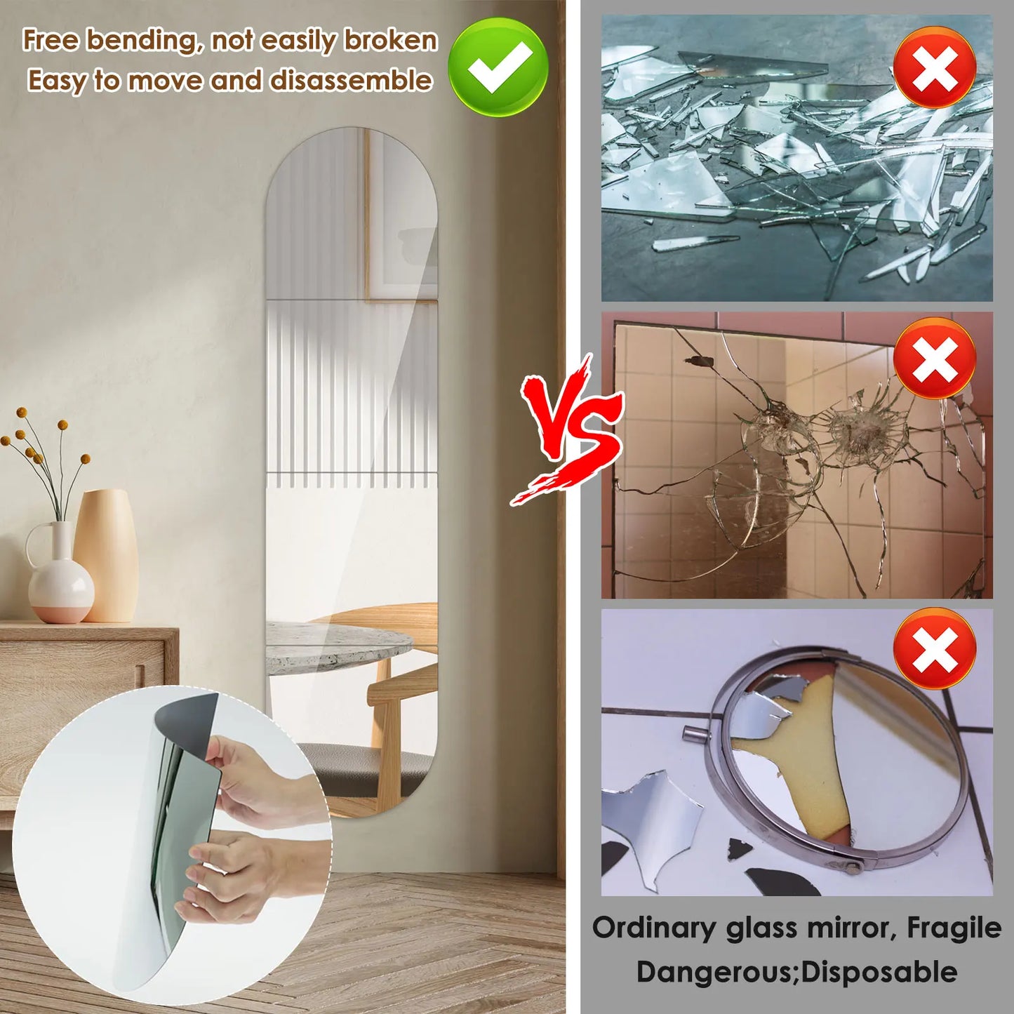 4Pcs Full Length Mirror Wall Stickers Self-adhesive Acrylic Mirror Set DIY Art Flexible Mirror Stickers Living Room Decoration