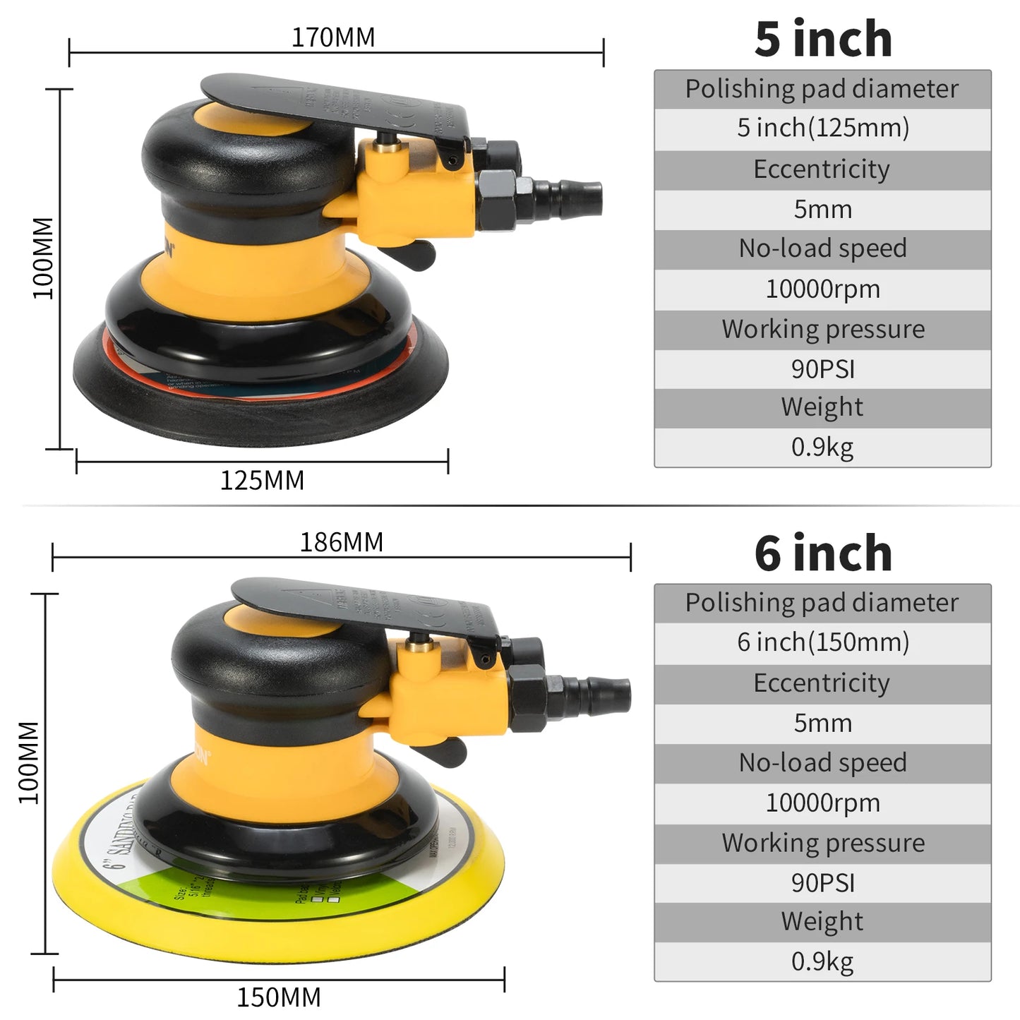 5 / 6 inch pneumatic sander for automobile paint maintenance derusting tool polishing random track palm grinder