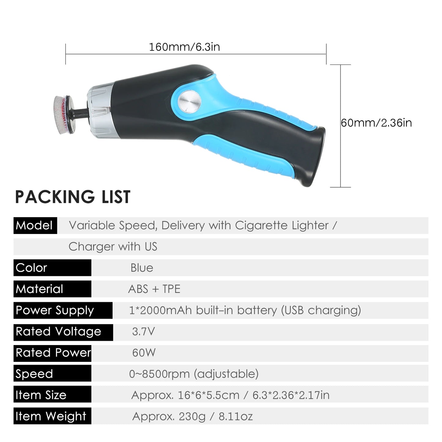 60W Mini Polishing Machine with USB Charging Cable 8500RPM Variable Speed Car Polisher Electric Cleaning Automobile Repair Tool