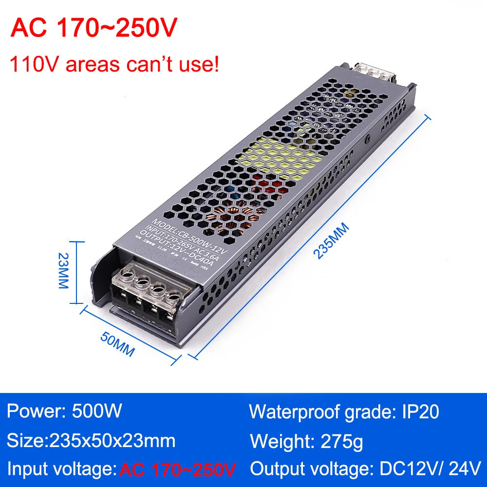 AC/DC 12V 24V Transformer 60W 100W 200W 300W 400W 500W LED Driver Power Supply Super Thin A/D Converter for LED Strip Light Bulb