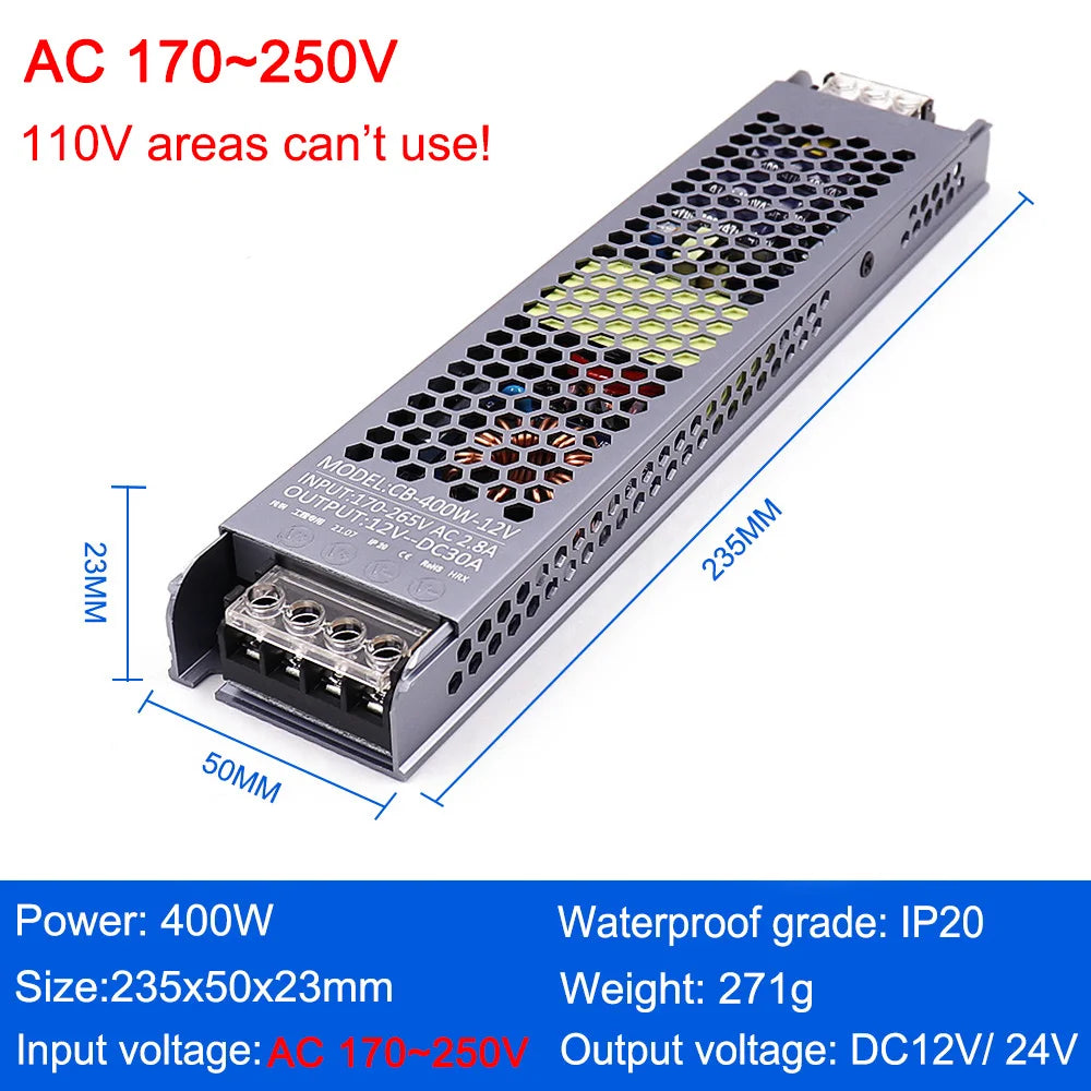 AC/DC 12V 24V Transformer 60W 100W 200W 300W 400W 500W LED Driver Power Supply Super Thin A/D Converter for LED Strip Light Bulb