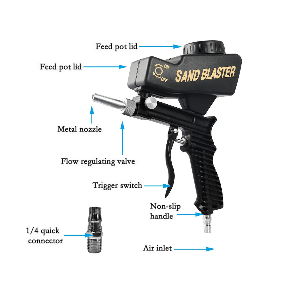 Adjustable Sandblasting Gun 90 Psi Portable Sand Blaster Paint Spray Machine Gravity Pneumatic Small Handheld Blasting Gun Set