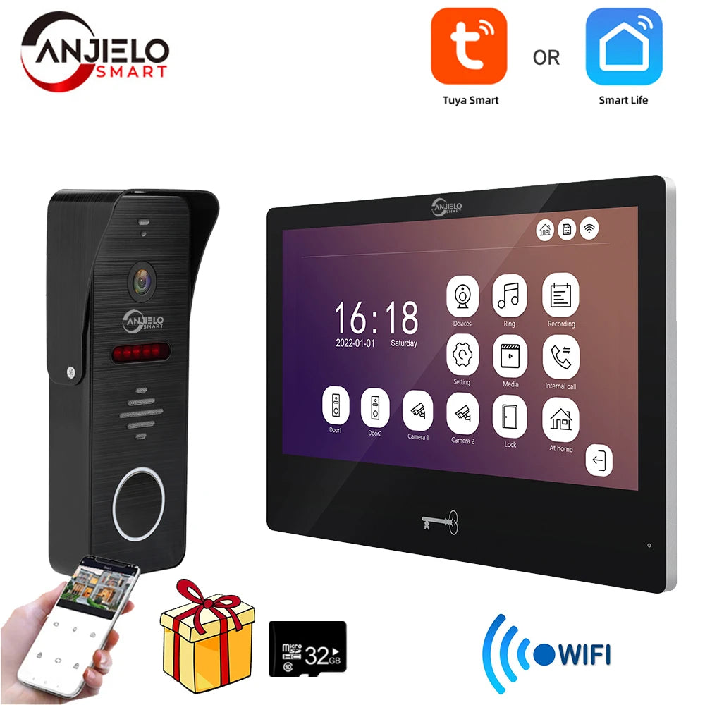 Anjielosmart Tuya 10 Inch Touch Monitor Smart Home Video Intercom System 1080P 160° Video Doorbell Camera Full Touch Monitor