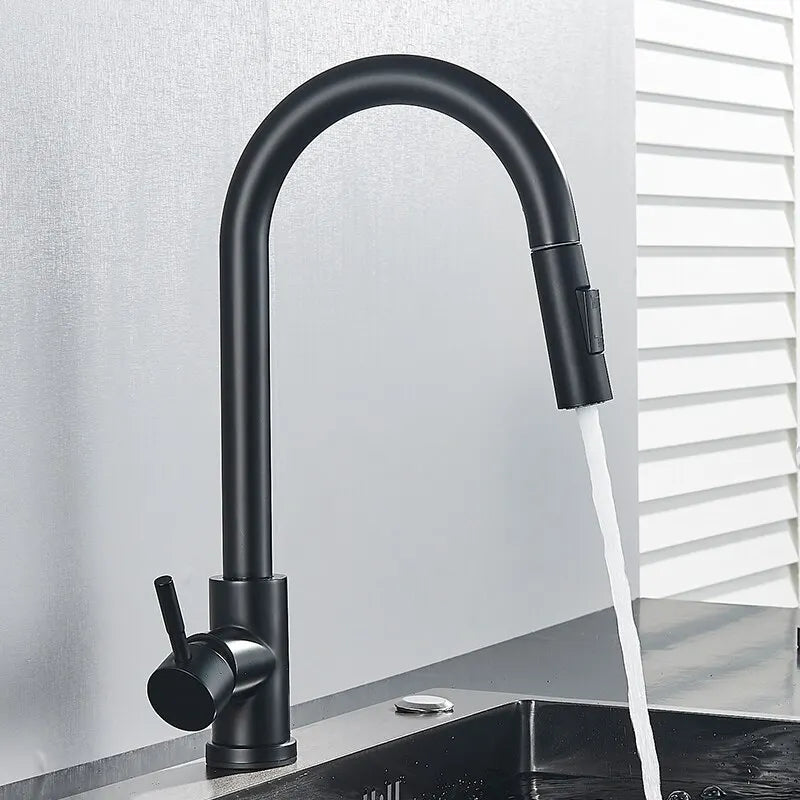 Black Kitchen Faucet Flexible Pull Out 2 Modes Nozzle Hot Cold Water Mixer Tap Deck Mounted Sprayer and Stream SUS 304 Faucets