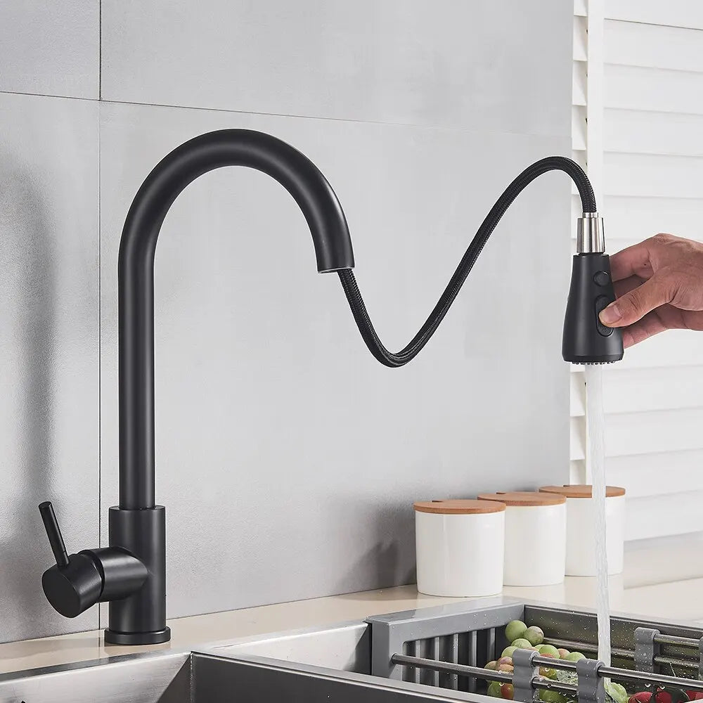 Black Kitchen Faucet Flexible Pull Out 2 Modes Nozzle Hot Cold Water Mixer Tap Deck Mounted Sprayer and Stream SUS 304 Faucets