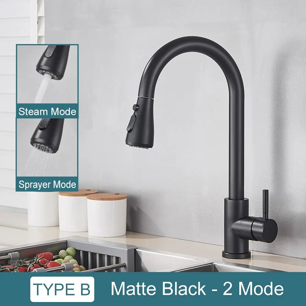 Black Kitchen Faucet Flexible Pull Out 2 Modes Nozzle Hot Cold Water Mixer Tap Deck Mounted Sprayer and Stream SUS 304 Faucets