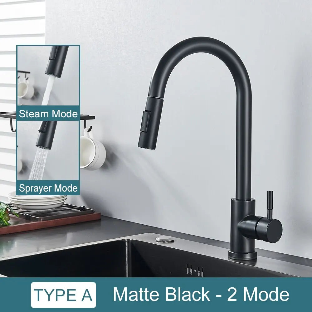 Black Kitchen Faucet Flexible Pull Out 2 Modes Nozzle Hot Cold Water Mixer Tap Deck Mounted Sprayer and Stream SUS 304 Faucets