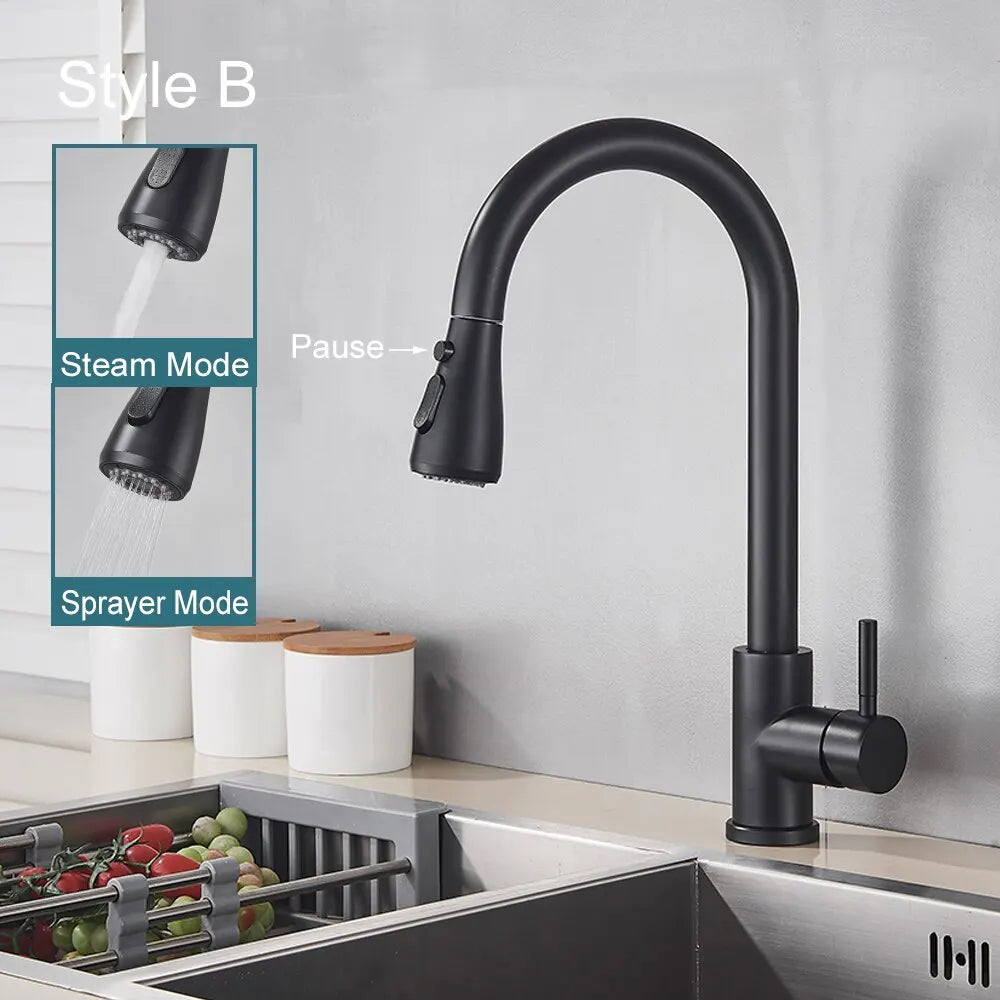 Black Kitchen Faucet Flexible Pull Out 2 Modes Nozzle Hot Cold Water Mixer Tap Deck Mounted Sprayer and Stream SUS 304 Faucets