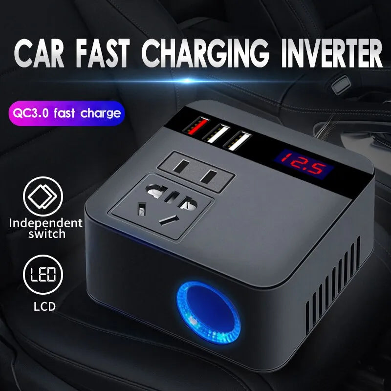 Car Inverter 150W Peak DC12V/24V to 110V/220V LED Display Sockets Power Inverter Adaptor Fast Charging