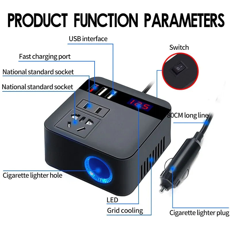 Car Inverter 150W Peak DC12V/24V to 110V/220V LED Display Sockets Power Inverter Adaptor Fast Charging