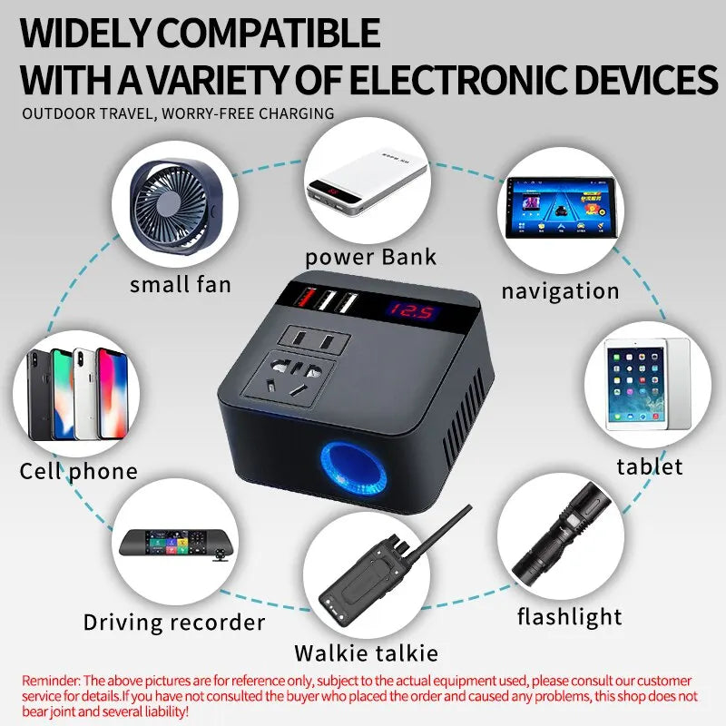 Car Inverter 150W Peak DC12V/24V to 110V/220V LED Display Sockets Power Inverter Adaptor Fast Charging