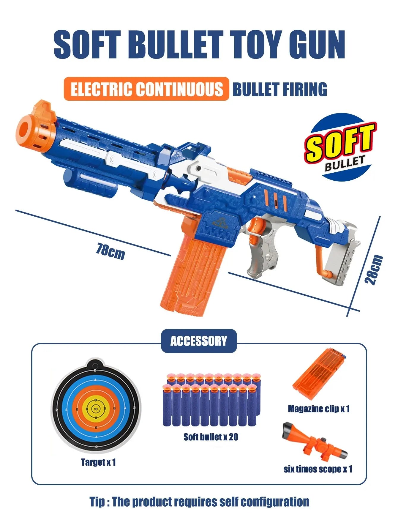 Children's Soft Bullet Toy Gun Submachine Gun With 20 Soft Bullets and 1 Farget Boy's Birthday Gift