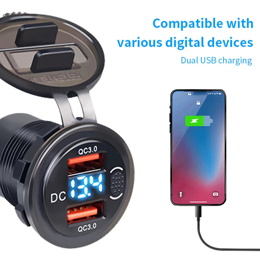 Dual QC3.0 Car Charger Cigarette Lighter Socket Waterproof USB Fast Charge With Voltmeter Switch 12/24V Quick Charge Adapter