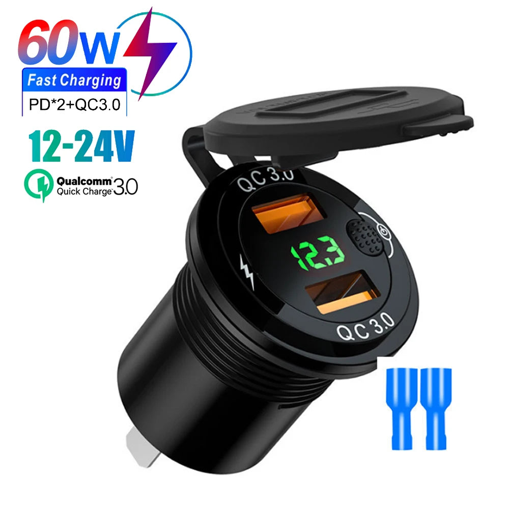 Dual QC3.0 Car Charger Cigarette Lighter Socket Waterproof USB Fast Charge With Voltmeter Switch 12/24V Quick Charge Adapter