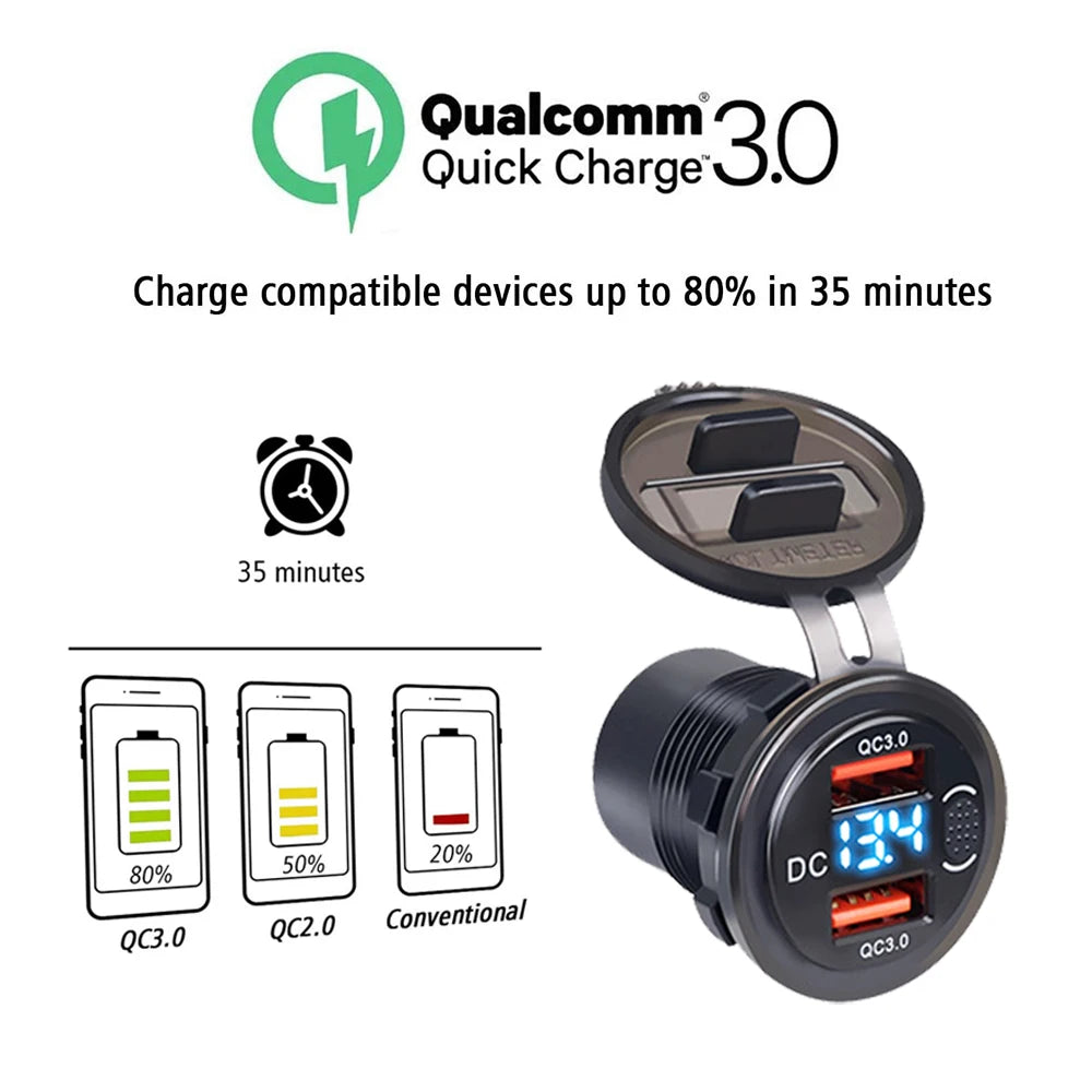 Dual QC3.0 Car Charger Cigarette Lighter Socket Waterproof USB Fast Charge With Voltmeter Switch 12/24V Quick Charge Adapter