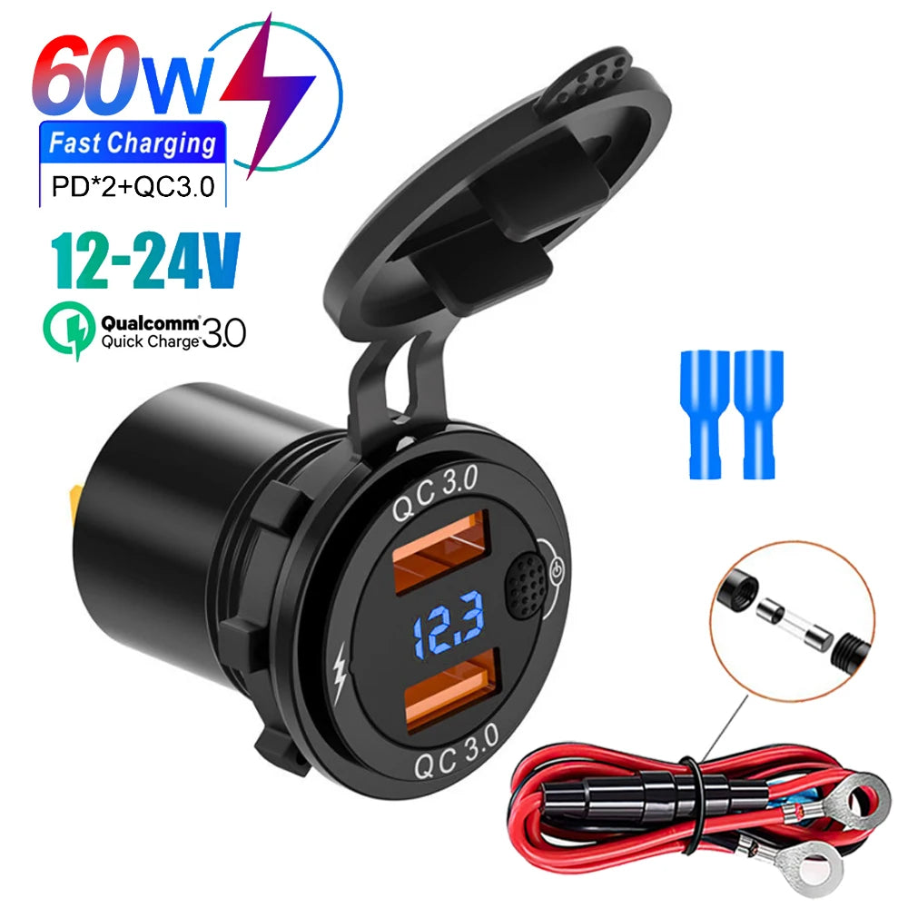 Dual QC3.0 Car Charger Cigarette Lighter Socket Waterproof USB Fast Charge With Voltmeter Switch 12/24V Quick Charge Adapter