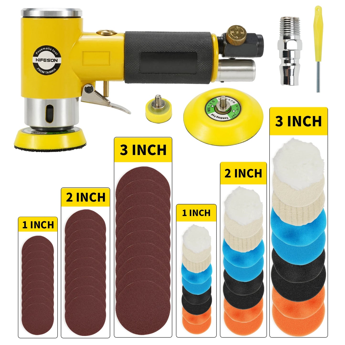 HIFESON Mini 2 / 3 "Air Sander pneumatic polisher grinder buffer double acting track polisher 80 sheets sandpaper Kit