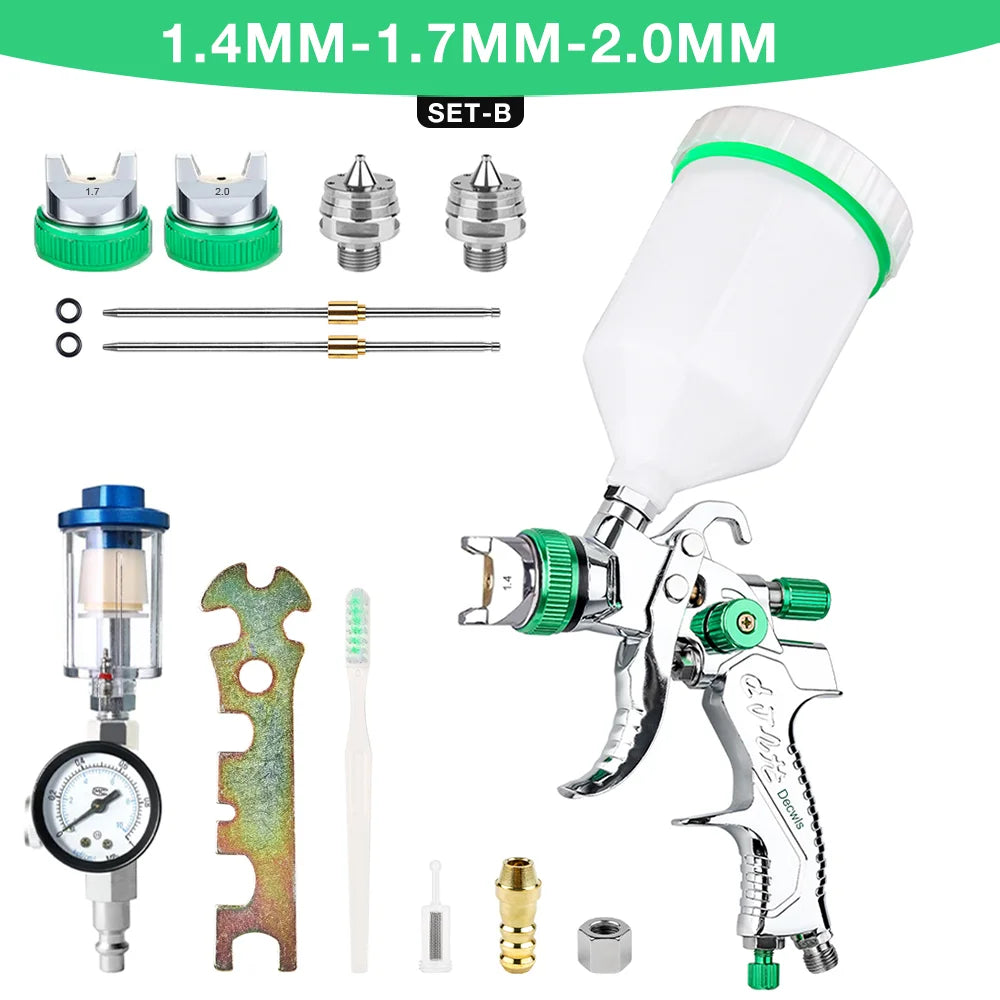 HVLP Professional Spray Gun 1.4mm 1.7mm 2.0mm Steel Nozzle Household Spray Gun Portable Car Paint Spray Gun Kit Pneumatic Tools