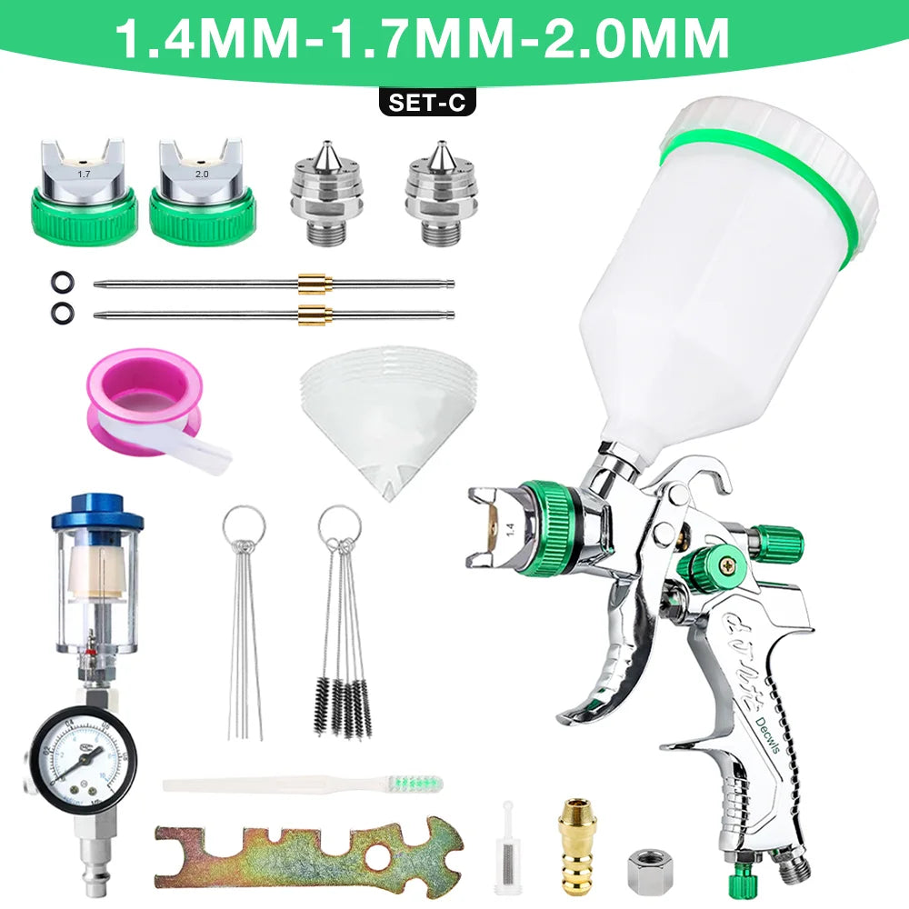 HVLP Professional Spray Gun 1.4mm 1.7mm 2.0mm Steel Nozzle Household Spray Gun Portable Car Paint Spray Gun Kit Pneumatic Tools