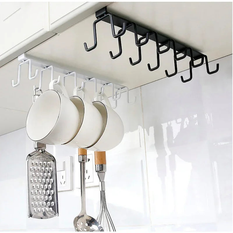 Iron 6 Hooks Storage Shelf Wardrobe Cabinet Metal Under Shelves Mug Cup Hanger Bathroom Kitchen Organizer Hanging Rack Holder