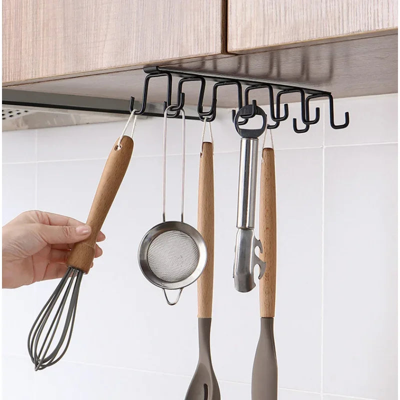 Iron 6 Hooks Storage Shelf Wardrobe Cabinet Metal Under Shelves Mug Cup Hanger Bathroom Kitchen Organizer Hanging Rack Holder