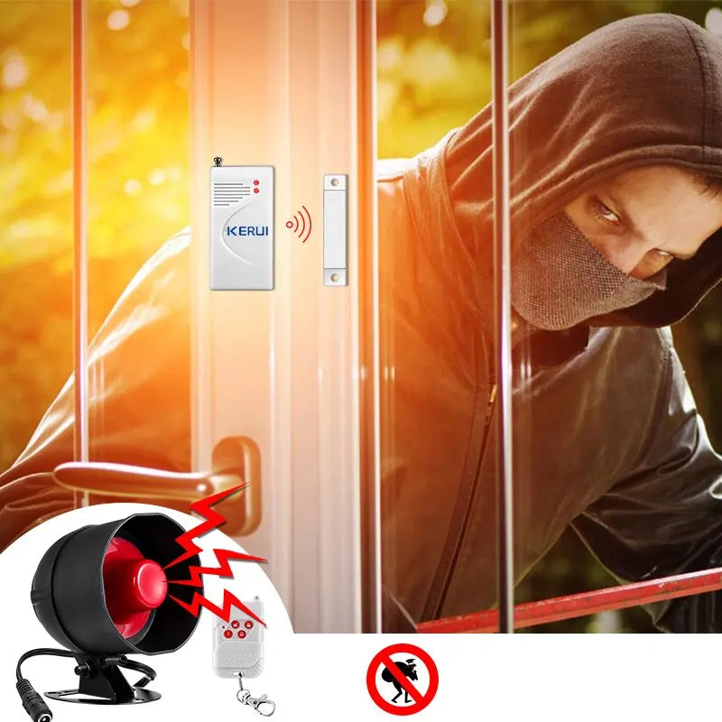 KERUI Security Alarm System Kit 110dB Wireless Loud Indoor/Outdoor Weatherproof Siren Horn with Remote Control and Door Contact