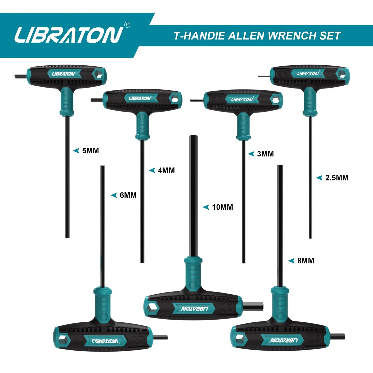 Libraton 7pcs T Handle Allen Wrench Set, T-Handle Hex Key Set Two-End and Chamfered Tips Design 2.5mm-10mm Auto Bike Repair Tool