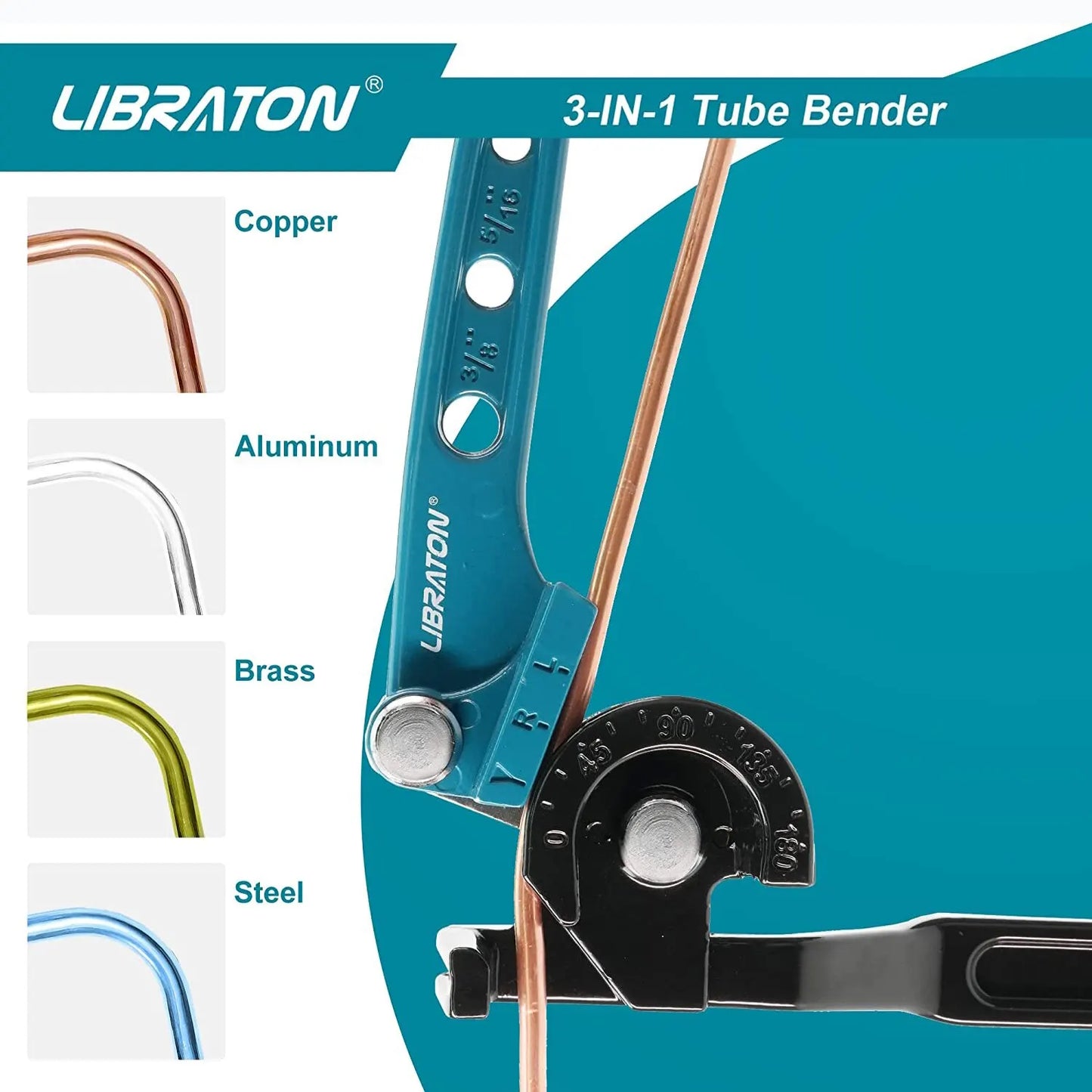 Libraton Copper Tube Bender, Tubing Bender 180°, Tube Bender 1/4", 5/16", 3/8", 3in1 Copper Pipe Bender, Copper Tubing Bender